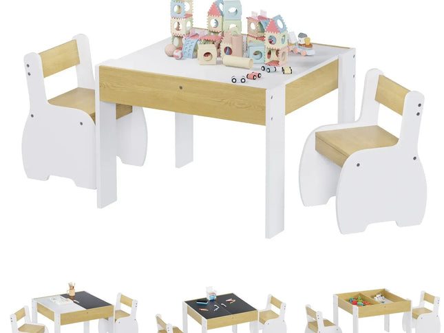3-Piece Kids Table and Chairs Set in White with Storage, 60x60x48cm