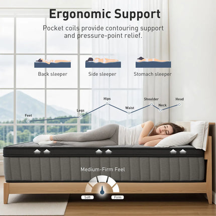 Double Mattress 30CM Thick Medium Firm Pocket Springs Euro Top Memory Foam in Grey