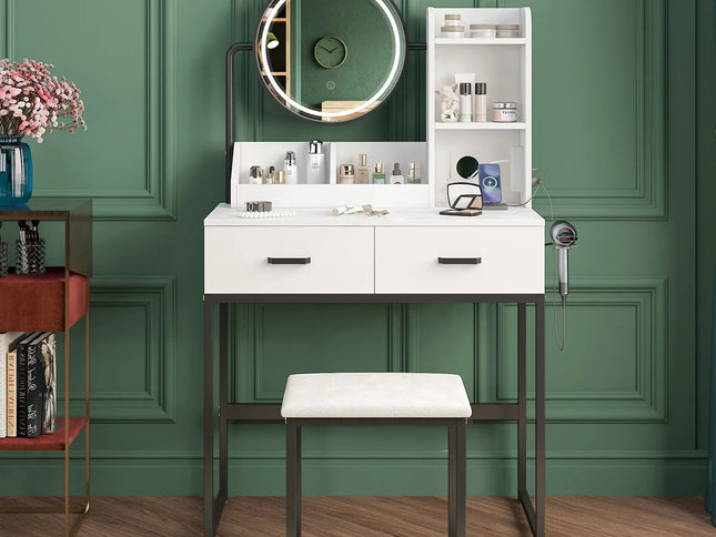 White Black Dressing Table Stool Set with LED Lights and Charging Station, 80x136cm