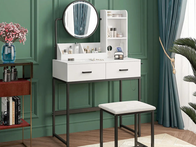 White Black Dressing Table Stool Set with LED Lights and Charging Station, 80x136cm