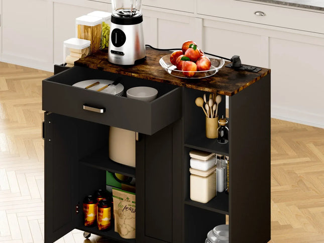 Kitchen Island Cart on Wheels with Charging Station, Black, 83x38x82cm
