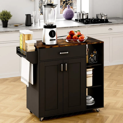 Kitchen Island Cart on Wheels with Charging Station, Black, 83x38x82cm