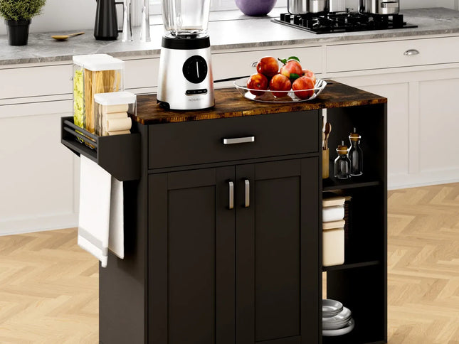 Kitchen Island Cart on Wheels with Charging Station, Black, 83x38x82cm