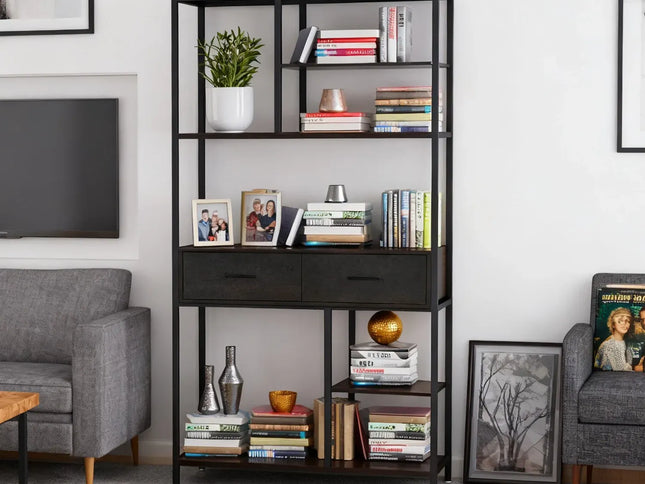 Metal Bookcase With Drawers, Dark Walnut & Black, 90x30x180cm, 6 Shelves