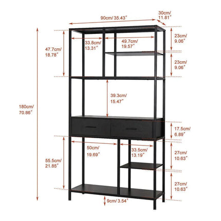 Metal Bookcase With Drawers, Dark Walnut & Black, 90x30x180cm, 6 Shelves