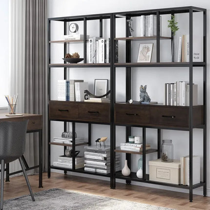 Metal Bookcase With Drawers, Dark Walnut & Black, 90x30x180cm, 6 Shelves