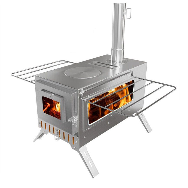Stainless Steel Wood Burning Stove 1 Burner Camping BBQ with Chimney