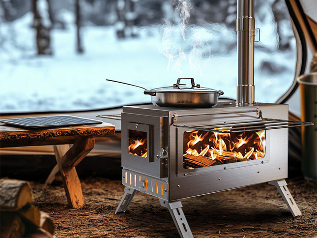 Stainless Steel Wood Burning Stove 1 Burner Camping BBQ with Chimney