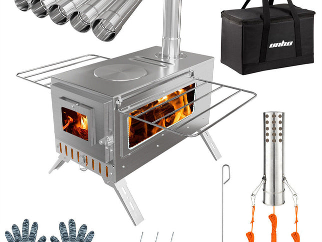 Stainless Steel Wood Burner Stove for Camping w/ Chimney & Bag