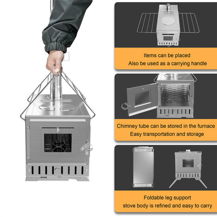 Stainless Steel Wood Burner Stove for Camping w/ Chimney & Bag
