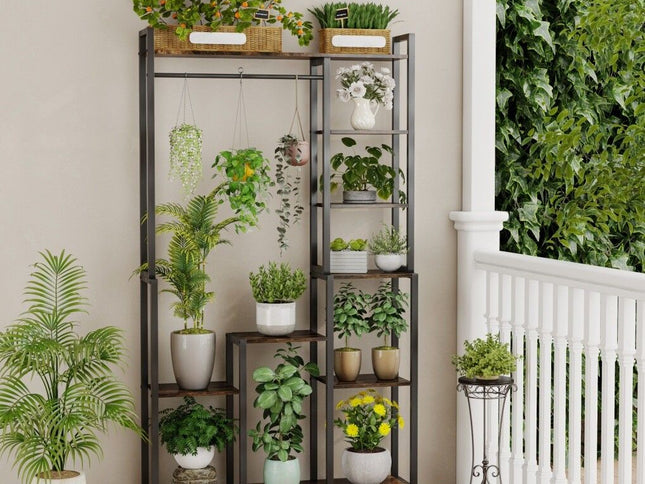 Plant Stand Shelf Rack with Hanging Rod Indoor Outdoor Display