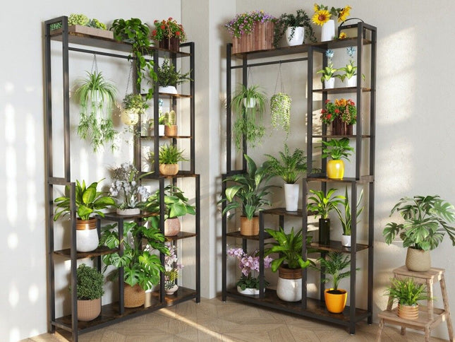 Plant Stand Shelf Rack with Hanging Rod Indoor Outdoor Display
