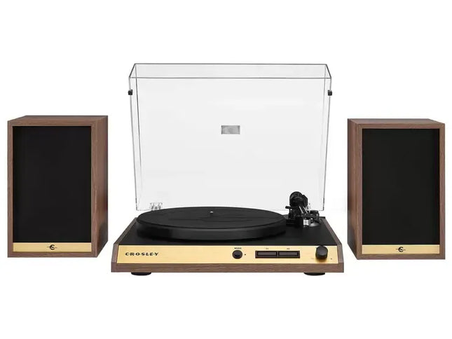 Vinyl Record Shelf Turntable with Speakers, Walnut Finish