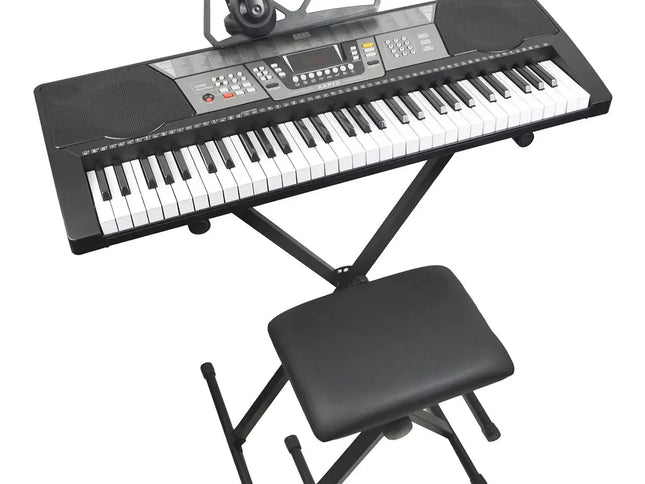 Black Digital Portable Keyboard Pack With Headphones, Stool, 61 Keys, 255 Voices, Adjustable Height Stand