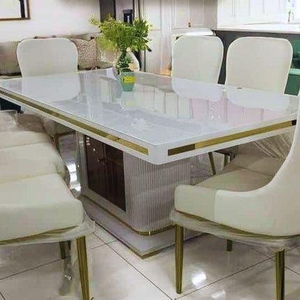 Asta Luxury Tempered Glass Top High Gloss Dining Table with Storage Cabinet