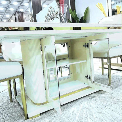 Asta Luxury Tempered Glass Top High Gloss Dining Table with Storage Cabinet