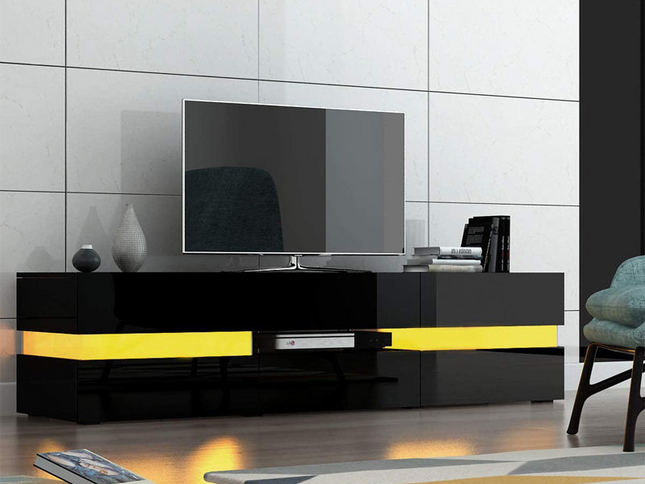 Modern High Gloss Front TV Entertainment Unit 177cm LED Storage Drawer - Black