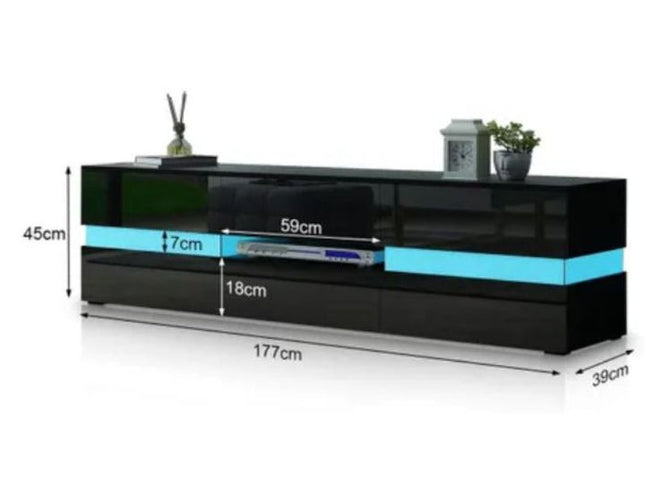 Modern High Gloss Front TV Entertainment Unit 177cm LED Storage Drawer - Black
