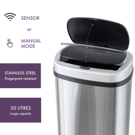 50L Stainless Steel Motion Sensor Rubbish Bin