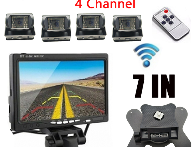 Wireless 4-Channel Split 7" Screen Monitor w/4 Reversing Camera Kit for Truck Trailer Bus