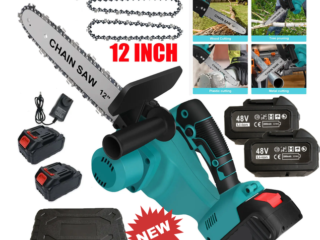 12"inch Cordless Electric Chainsaw + 2 Battery 2 Chain Brushless Wood Cutter Saw