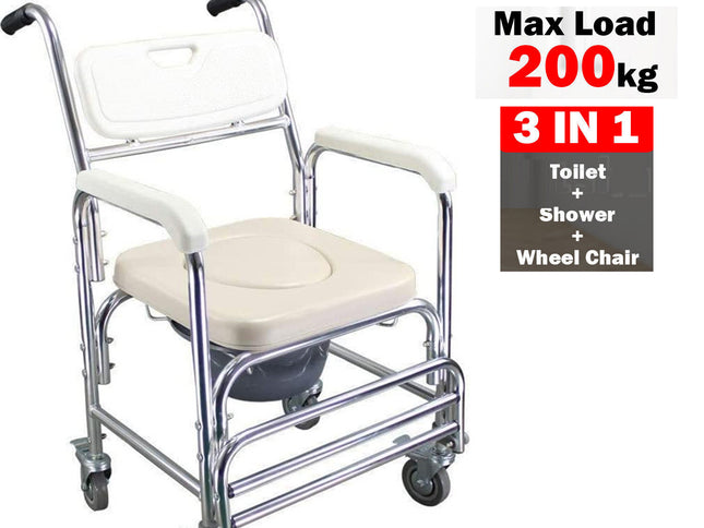 Mobile Shower Toilet Commode Chair Bathroom Aluminum Bedside Footrest Wheelchair