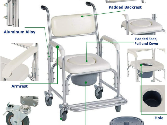 Mobile Shower Toilet Commode Chair Bathroom Aluminum Bedside Footrest Wheelchair