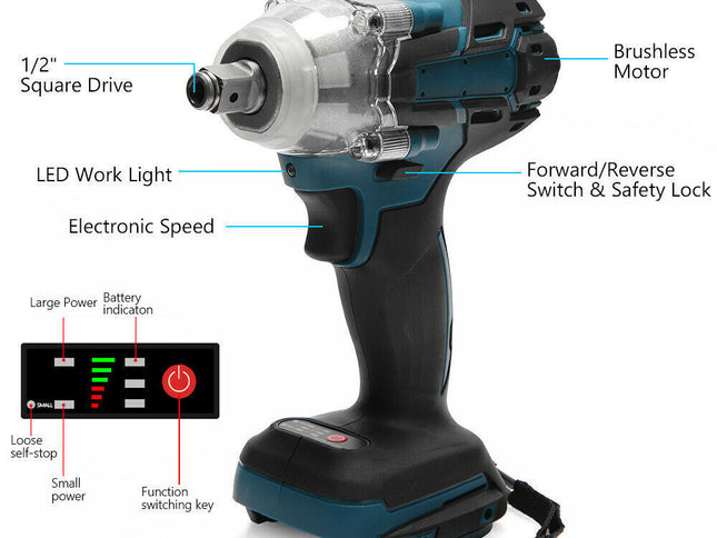 1/2" Cordless Impact Wrench Driver Brushless Rattle Gun For Makita 18V Battery