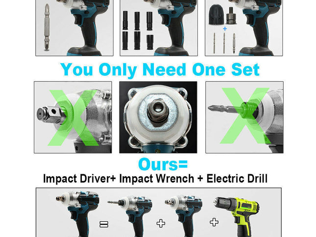 Cordless Electric Impact Wrench Brushless Rattle Gun 1/2" Driver +Large Battery