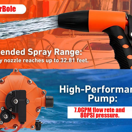 6.6GPM Washdown Pump Kit 12V Wash Pump w/ Hose Nozzle For Caravan RV Marine Boat