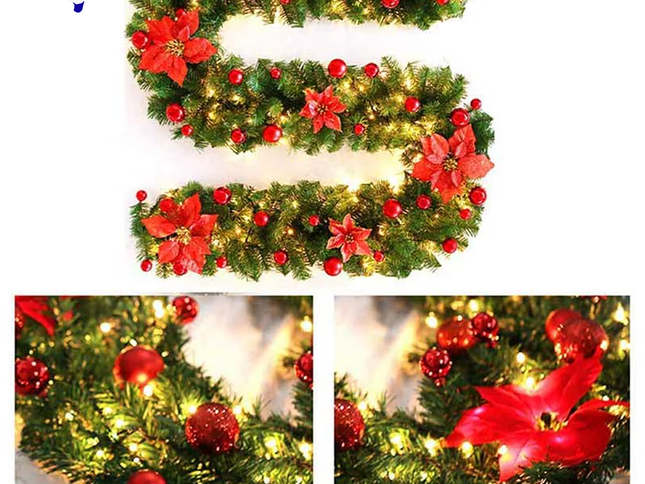 2.7M Christmas Garland with Lights Rattan Artificial Fireplace Wreath Stair Deco