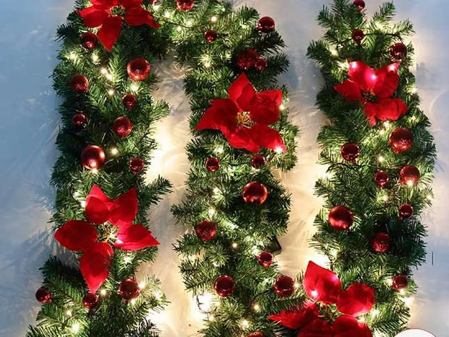 2.7M Christmas Garland with Lights Rattan Artificial Fireplace Wreath Stair Deco