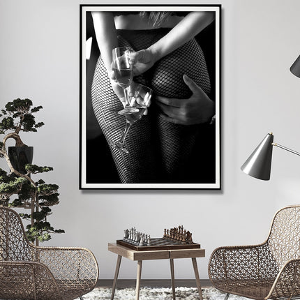 Wall Art 100cmx150cm Woman Drinking Wine In The Bar, Black Frame Canvas