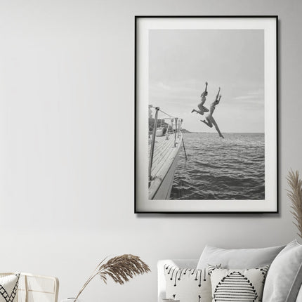 Wall Art 100cmx150cm Black and White Ocean Jump, Black Frame Canvas