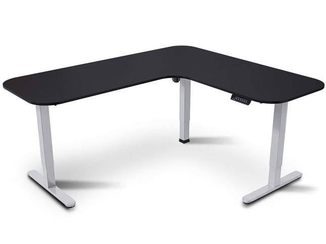 FORTIA Corner Standing Desk, 160x140cm, 72-118cm Sit to Stand Up Electric Height Adjustable, Black Desktop/Silver Frame