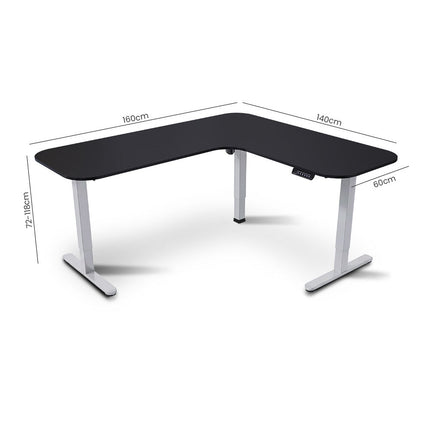 FORTIA Corner Standing Desk, 160x140cm, 72-118cm Sit to Stand Up Electric Height Adjustable, Black Desktop/Silver Frame