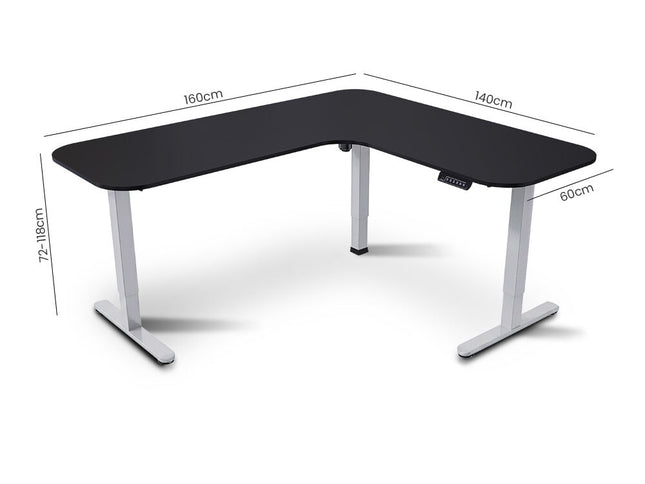 FORTIA Corner Standing Desk, 160x140cm, 72-118cm Sit to Stand Up Electric Height Adjustable, Black Desktop/Silver Frame