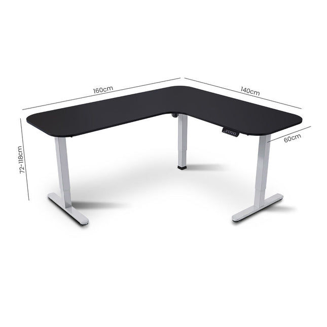 FORTIA Corner Standing Desk, 160x140cm, 72-118cm Sit to Stand Up Electric Height Adjustable, Black Desktop/Silver Frame