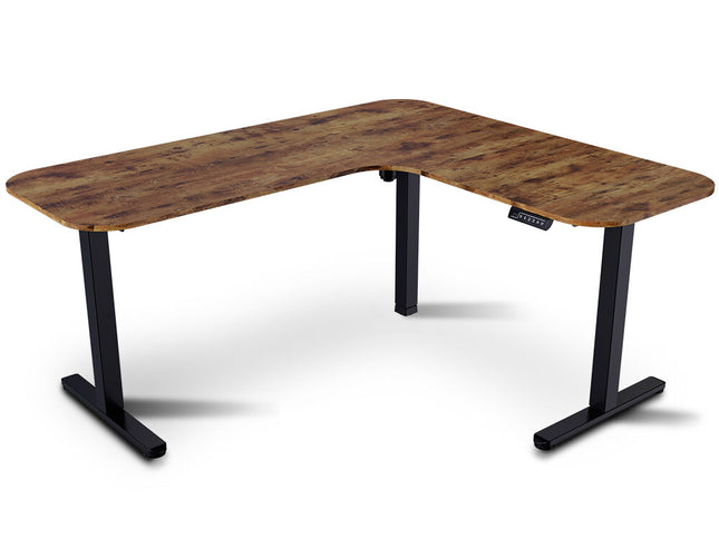 FORTIA Corner Standing Desk, 160x140cm, 72-118cm Sit to Stand Up Electric Height Adjustable, Walnut Style Desktop/Black Frame