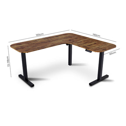 FORTIA Corner Standing Desk, 160x140cm, 72-118cm Sit to Stand Up Electric Height Adjustable, Walnut Style Desktop/Black Frame