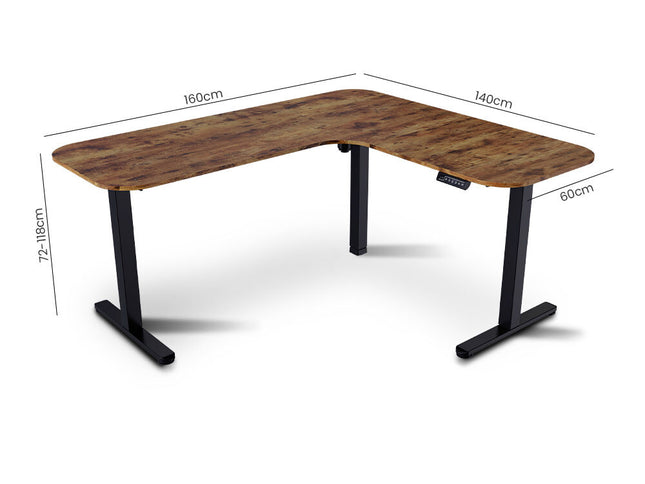 FORTIA Corner Standing Desk, 160x140cm, 72-118cm Sit to Stand Up Electric Height Adjustable, Walnut Style Desktop/Black Frame