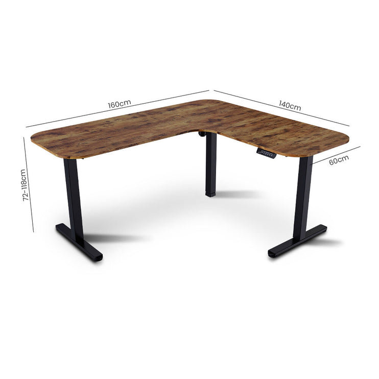 FORTIA Corner Standing Desk, 160x140cm, 72-118cm Sit to Stand Up Electric Height Adjustable, Walnut Style Desktop/Black Frame