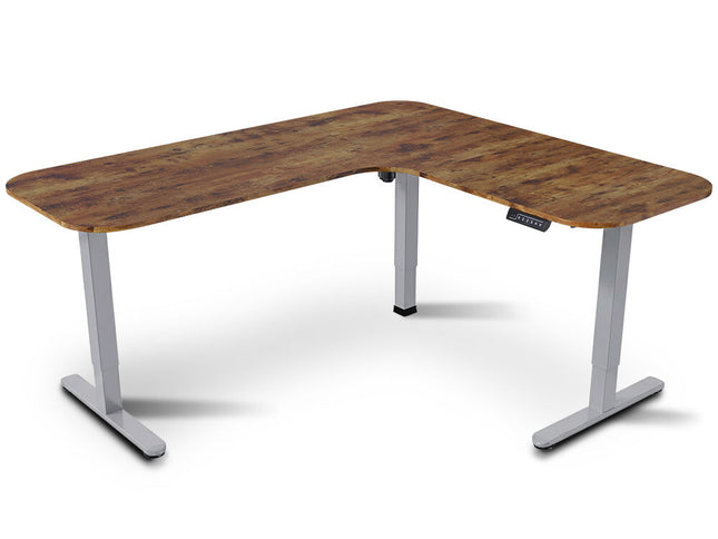 FORTIA Corner Standing Desk, 160x140cm, 72-118cm Sit to Stand Up Electric Height Adjustable, Walnut Style Desktop/Silver Frame