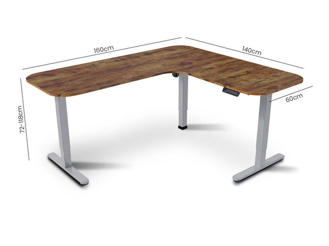 FORTIA Corner Standing Desk, 160x140cm, 72-118cm Sit to Stand Up Electric Height Adjustable, Walnut Style Desktop/Silver Frame