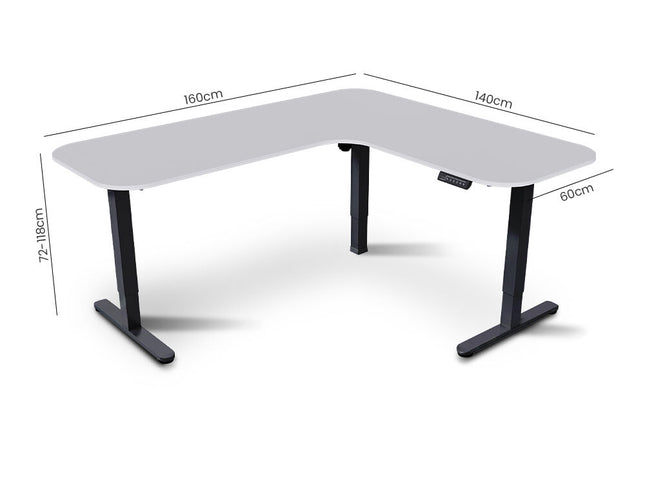 FORTIA Corner Standing Desk, 160x140cm, 72-118cm Sit to Stand Up Electric Height Adjustable, White Desktop/Black Frame
