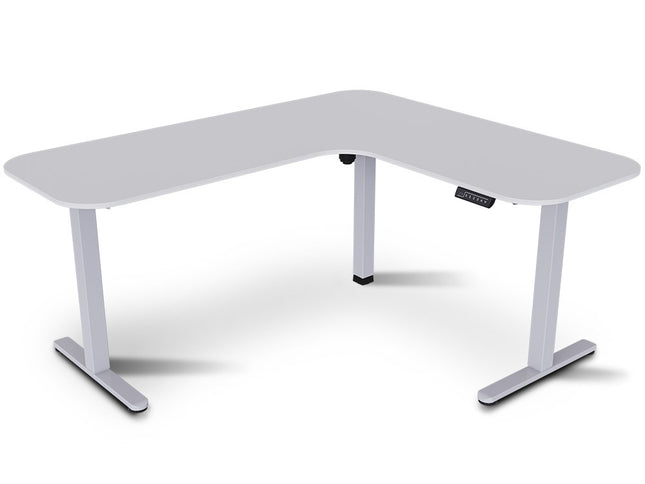 FORTIA Corner Standing Desk, 160x140cm, 72-118cm Sit to Stand Up Electric Height Adjustable, White Desktop/Silver Frame