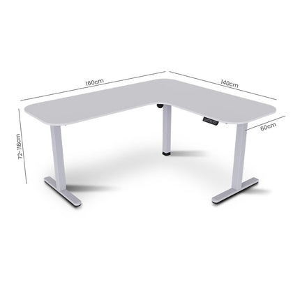 FORTIA Corner Standing Desk, 160x140cm, 72-118cm Sit to Stand Up Electric Height Adjustable, White Desktop/Silver Frame