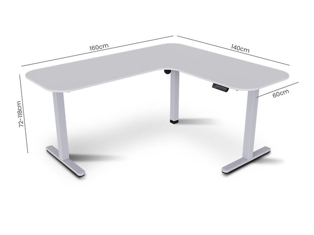 FORTIA Corner Standing Desk, 160x140cm, 72-118cm Sit to Stand Up Electric Height Adjustable, White Desktop/Silver Frame