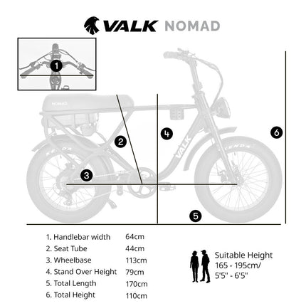 VALK Nomad Electric Fat Tyre Bike, 500W, 45km/hr, Throttle ebike, Disc Brakes, Shimano 7 spd, 20x4" Kenda Tyres, Suspension, Black
