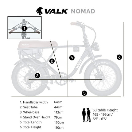 VALK Nomad Electric Fat Tyre Bike, 500W, 45km/hr, Throttle ebike, 20x4" Kenda Tyres, Shimano 7 spd, Suspension, Black